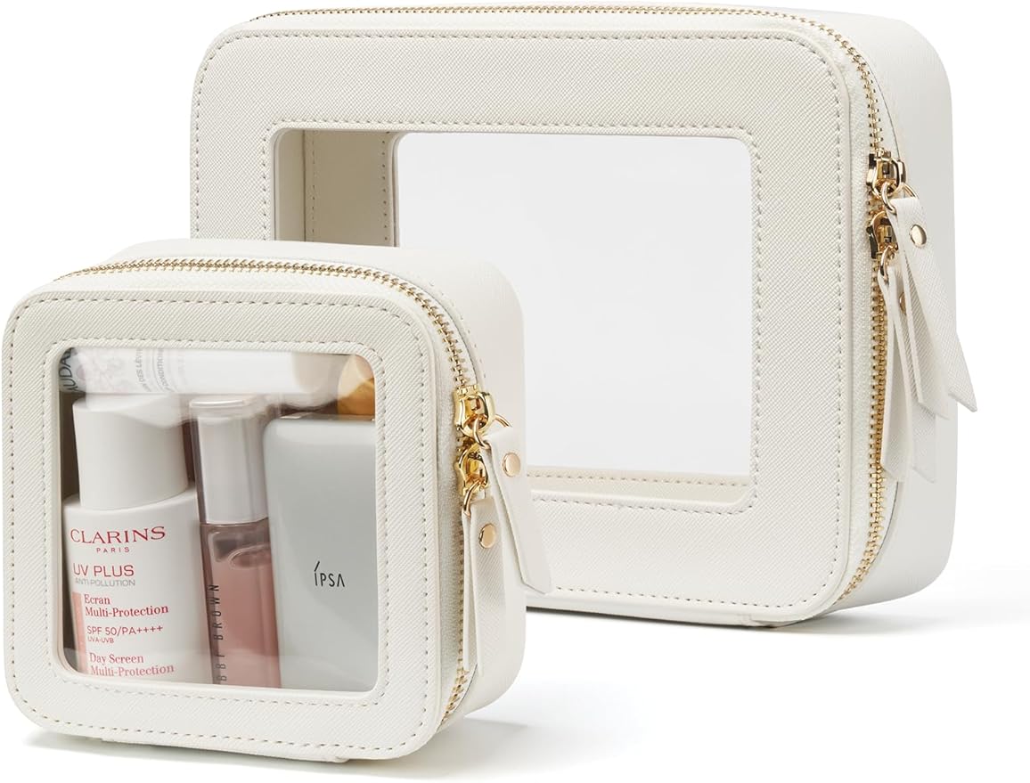 Popvibe Clear Makeup Bag with Zipper, Set of 2, Mini and Medium, White
