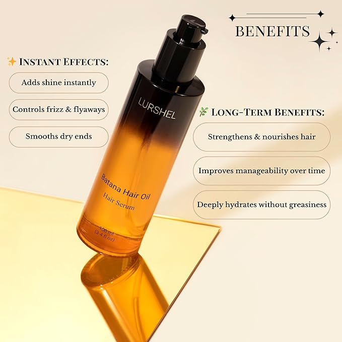 Lurshel Batana Oil hair Serum - Leave-in No Rinse Treatment for Deep Hydration & Nourishment,Frizz Control, Split End Repair, adds Shine, Ideal Solution for Damaged & Dry Hair, (3.4 fl oz)