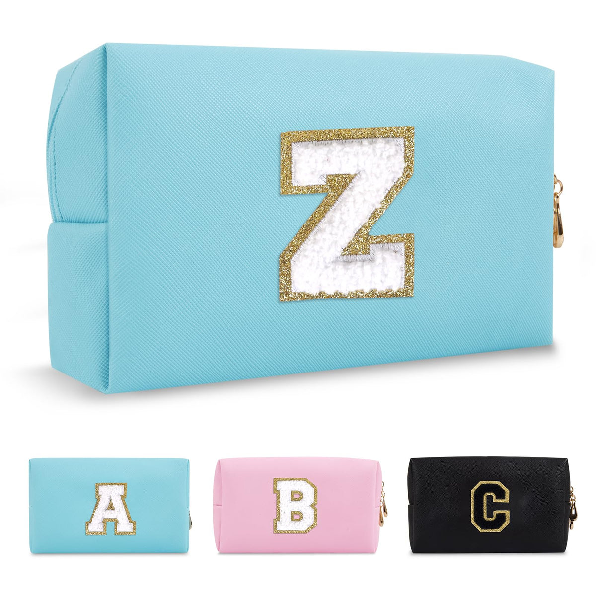 Small Personalized Initial A-Z Preppy Patch Makeup Bag,White PU Chenille Letter Travel Cosmetic Pouch with Zipper,Cute Toiletry Bag,Gift Ideal for Teen Girls Women Teacher Bridesmaid,Letter Z