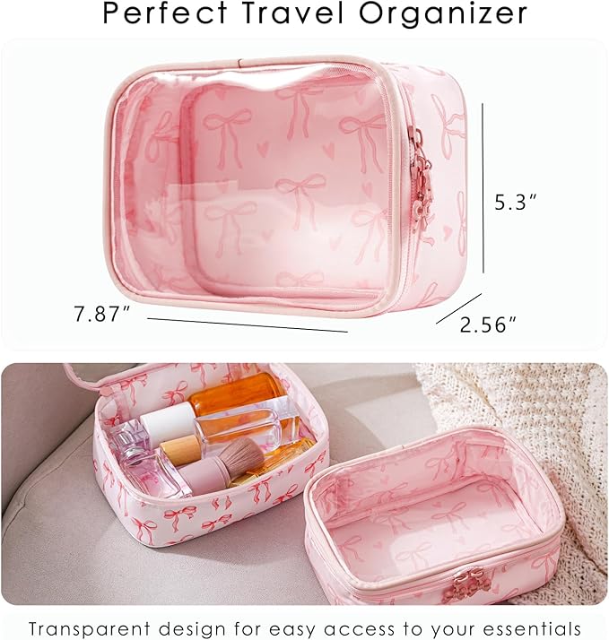 RSRSLEII Cute Clear Makeup Bag with Bow Patten,Transparent Nylon Travel Cosmetic Case with Zipper,Portable Makeup Organizer Pouch for Essentials(04Pinkbow-pink)