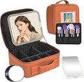 Yaliang Travel Makeup Bag, Portable Makeup Case with LED Mirror, Removable Mirror with 3 Color Modes, 8 Adjustable EVA Dividers for Brushes Toiletry Jewelry Digital Accessories, Tangerine