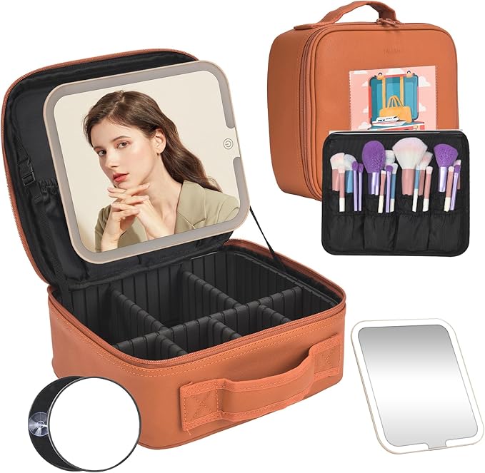 Yaliang Travel Makeup Bag, Portable Makeup Case with LED Mirror, Removable Mirror with 3 Color Modes, 8 Adjustable EVA Dividers for Brushes Toiletry Jewelry Digital Accessories, Tangerine