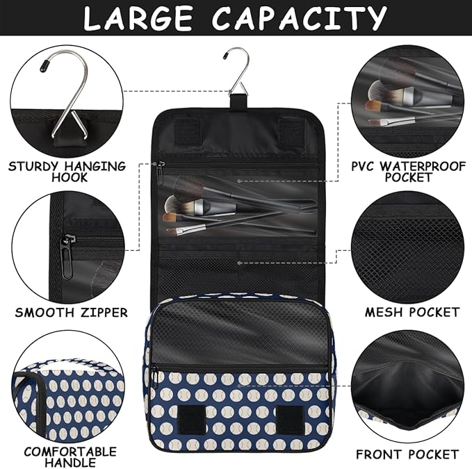 YoYoYuchong Travel Toiletry Bag for Women & Men Baseball Sports Blue Hanging Cosmetic Organizer Portable Waterproof Makeup Case Make Up Bag with Compartments Travel Essentials for Bathroom Shower
