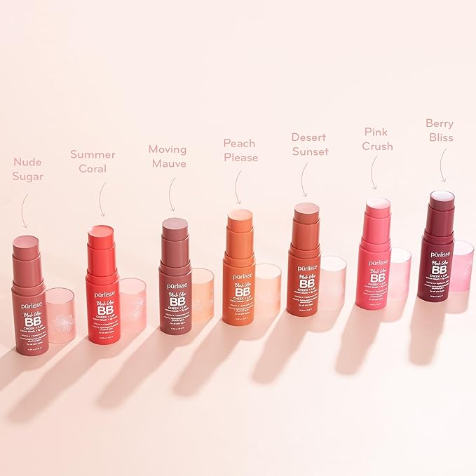 pūrlisse Blush Glow BB Lip and Cheek Tint - Hydrating & Buildable 2-in-1 Cream Blush Stick for Cheeks & Lips - Formulated with Nourishing Vitamin E & Hyaluronic Acid - Moving Mauve (.28 oz)