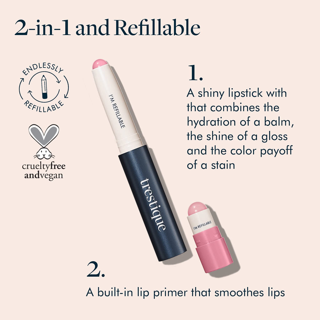 TRE'STIQUE Prime And Shine Lip Crayon, Refillable Shiny Lipstick With Built-in Lip Primer, Clean Beauty Makeup, Lipstick For Women, 2-in-1 Glossy and Primer