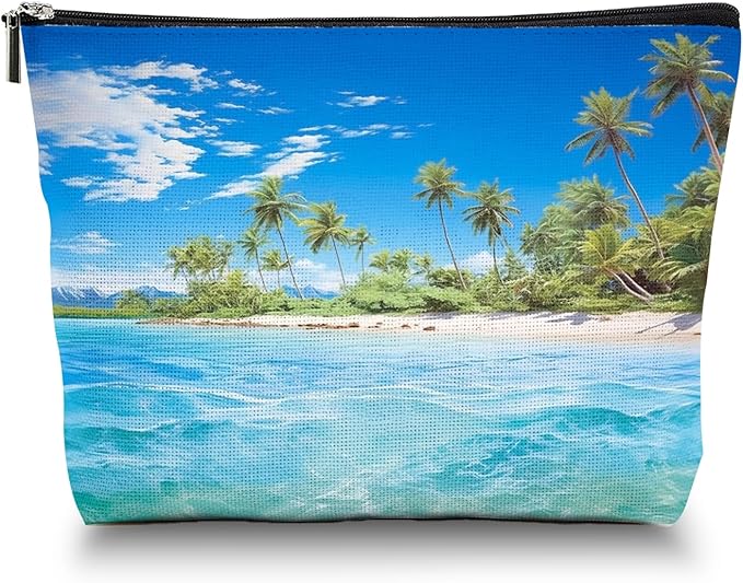 Scribesense Makeup Bag Travel Cosmetic Bags Small Makeup Case Waterproof Zipper Pouch for Women Girls 7X9inches - Tropical Paradise with Palm - Lined Beach