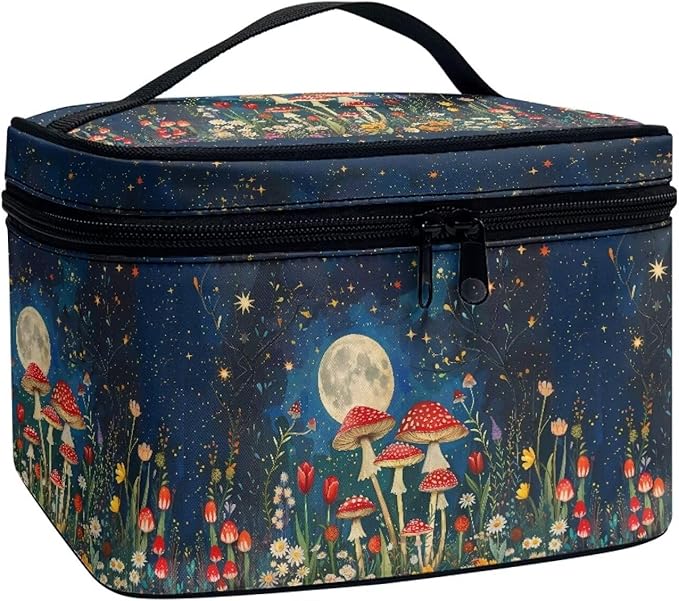 Drydeepin Vintage Mushroom Moon Starry Night Print Makeup Bag for Women Ladies Portable Cosmetic Bag with Zipper and Carry Handle Make Up Tote Bags Toiletry Case Organizer