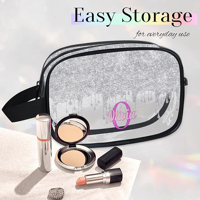 KFNHN Personalized Name Toiletry Bag, Transparent PVC Large Travel Cosmetic Bag Portable Makeup Organizer Bag for Women Bathroom Shower Essentials, Silver Curtain Glittering