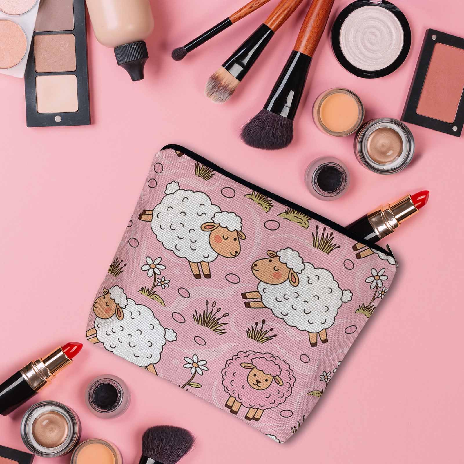 Kalygon Makeup Bag For Purse Sheep, Farm Animal Weed Flower Sheep Cosmetic Bags For Women With Zipper Travel Toiletry Pouch Makeup Bags Makeup Organizers Purse For Toiletries Cosmetics