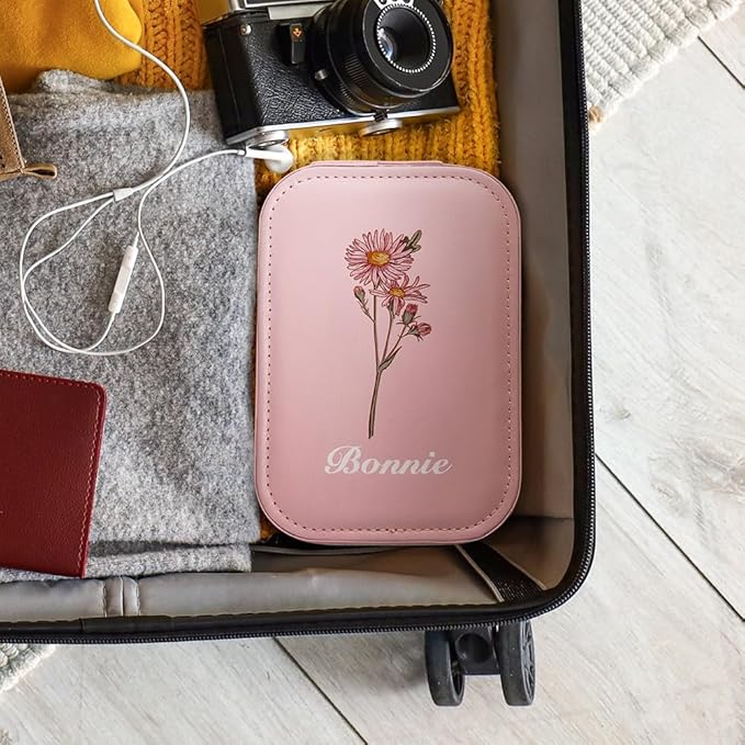 ipetlive Custom Birth Flower Travel Makeup Bag With LED Mirror Leather Personalized Name Makeup Organizer Portable Jewelry Organizer Case Birthday Christmas Gifts For Women Daughter Mother