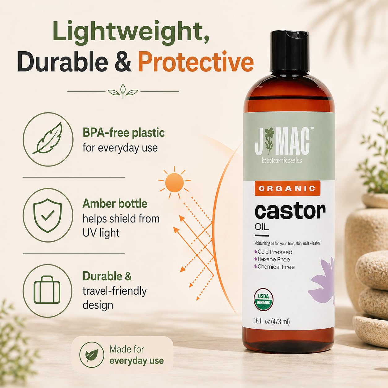 J MAC BOTANICALS Organic Castor Oil Cold Pressed in Amber BPA Free Plastic Bottle (32 oz) USDA Certified, Hexane Free - Moisturizing Oil for Hair, Skin, Face, Eyelashes, Brows, Nails, and Castor Wraps