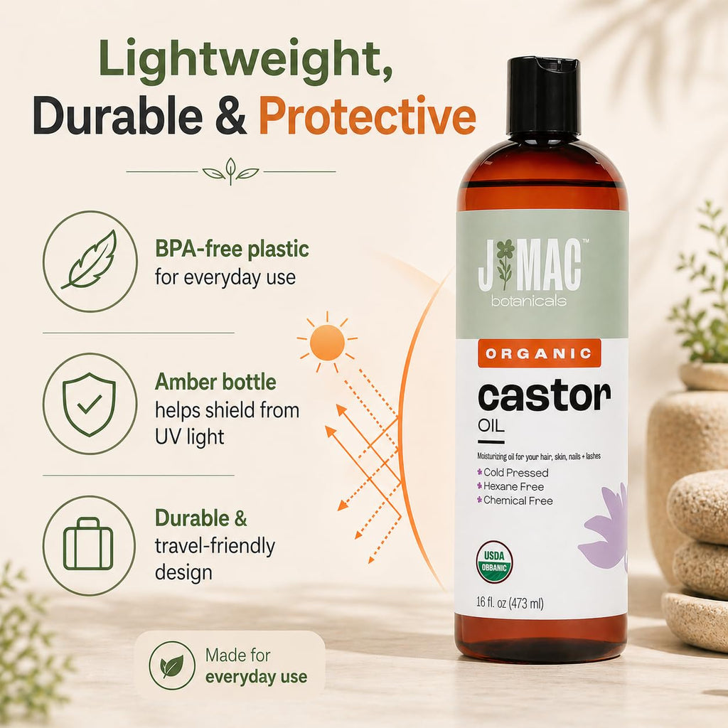 J MAC BOTANICALS Organic Castor Oil Cold Pressed in Amber BPA Free Plastic Bottle (32 oz) USDA Certified, Hexane Free - Moisturizing Oil for Hair, Skin, Face, Eyelashes, Brows, Nails, and Castor Wraps