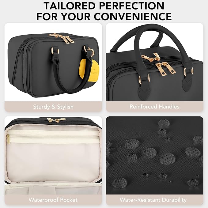 HauteHues Travel Makeup Bag for Women Stand Up Cosmetic Toiletry Case Black