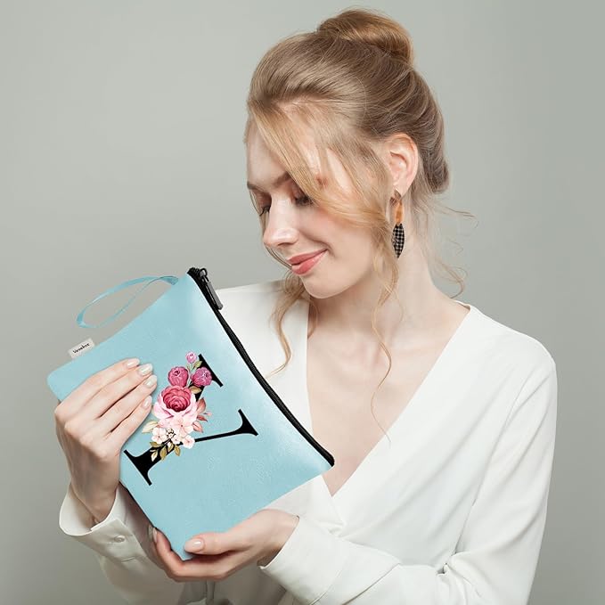 Vavabox A-Z Personalized Makeup Bag, Birthday Gifts for Women Mom, Gifts for Best Friend, Bride Bridesmaid Cosmetic bag (Y, Aqua)