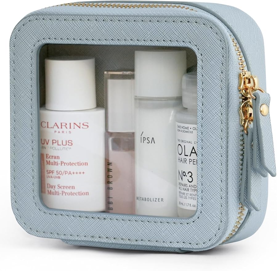 Popvibe Clear Makeup Bag Travel Cosmetic Case Transparent Toiletry Bag with Zipper, Portable Make Up Organizer Traveling Compact Car Bag for Essentials, Light Blue, Mini