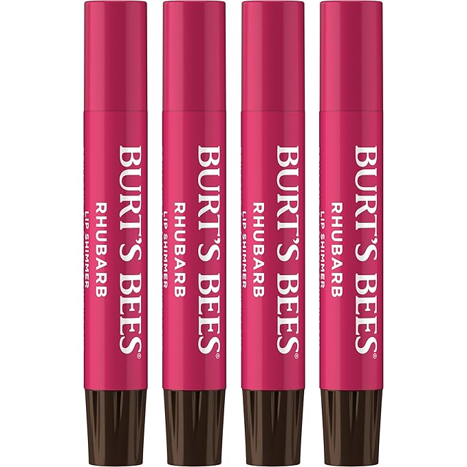 Burt's Bees Shimmer Lip Tint Set, Mothers Day Gifts, Tinted Lip Balm Stick, Moisturizing for All Day Hydration with Natural Origin Glowy Pigmented Finish & Buildable Color, Rhubarb (4-Pack)