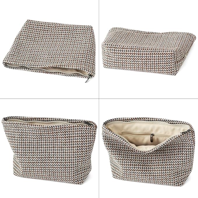 BBORGDC Large Capacity Plaid Tweed Makeup Bag - Travel Cosmetic Pouch & Toiletry Organizer with Zipper, Cloth Make Up Organizer for Daily Use, Gift for Women