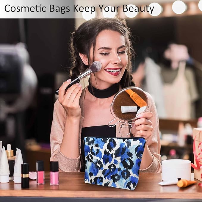 Kalygon Leopard Print Makeup Bag For Women, Leopard Skin Adorable Cosmetic Bag Makeup Bags, Leopard Fur Zipper Bag Travel Bags Toiletry Organizers Pouch Bags Washing Bags For Gym Bathroom Blue Black