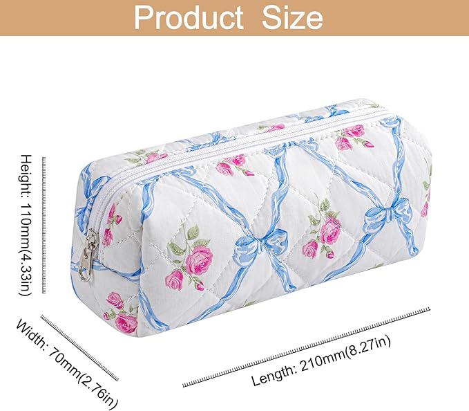 HHQQWZ Cute Floral Cotton Makeup Brush Cosmetic Bag for Women, Travel Quilted Zipper Make Up Bag, Flowers Toiletry Organizer Case Kawaii Makeup Cosmetic Travel Cloth Pouch (Blue Bowknot)