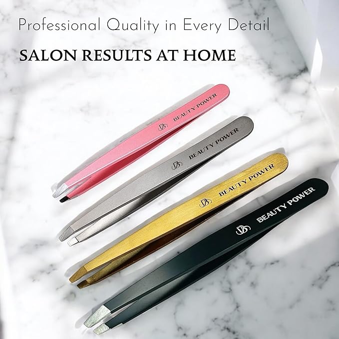 Beauty Power Tweezers for Women Facial Hair: Ultra Precision Tweezers for Women & Men, Sharp Slant Tweezer for Eyebrows, Ingrown Hair Removal. Professional Plucker, German Stainless Steel (Pink)