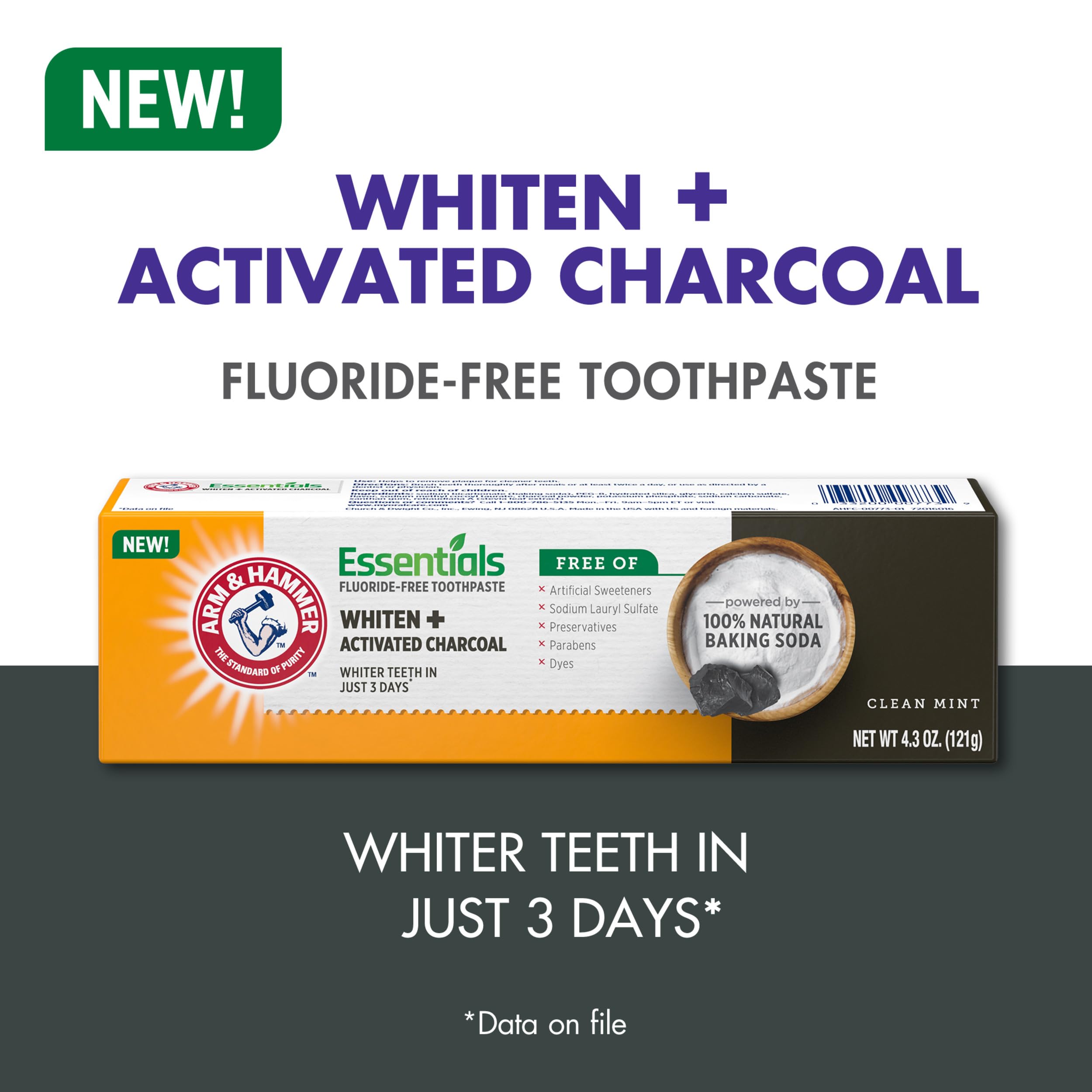 ARM & HAMMER Essentials Fluoride-Free Toothpaste, Whitening + Activated Charcoal Toothpaste, 4 Pack of 4.3oz Tubes, Clean Mint, 100% Natural Baking Soda