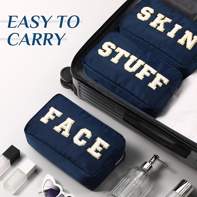 Cunno Preppy Makeup Bags Chenille Letter Stuff Bag Nylon Cosmetic Pouch Cases with Zipper for Women Travel Toiletry(Dark Blue,Classic,4 Pcs)