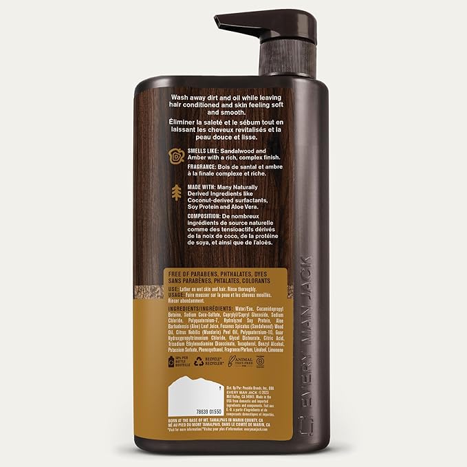 Every Man Jack 3-in-1 All Over Body Wash for Men, Amber Sandalwood, 2pk