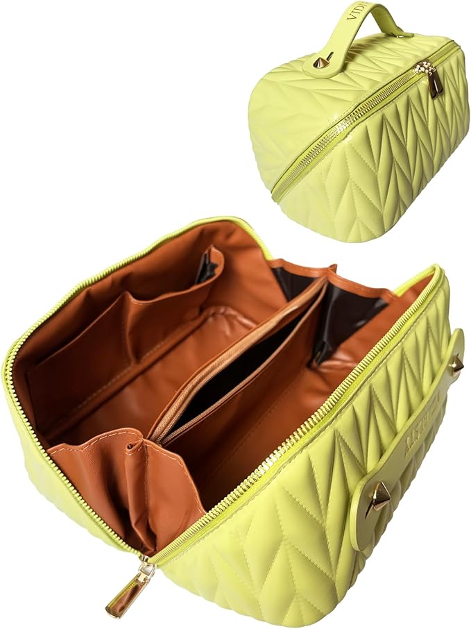 VIDIBESTY Travel Makeup Bag for Women, Large Capacity Cosmetic Bags for Girls, Compact Pouch Make up Organizer, Waterproof Toiletry Bag with Divider and Handle (Brown)