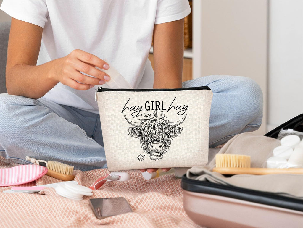 BARPERY Funny Cow Small Makeup Bag - Cow Lovers Farm Girls Gift, Hay Girl Cosmetic Bag for Birthday or Christmas