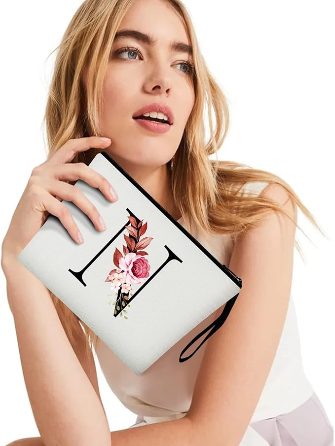 Vavabox A-Z Personalized Makeup Bag, Birthday Gifts for Women Mom, Gifts for Best Friend, Bride Bridesmaid Cosmetic bag (N, 01-White)