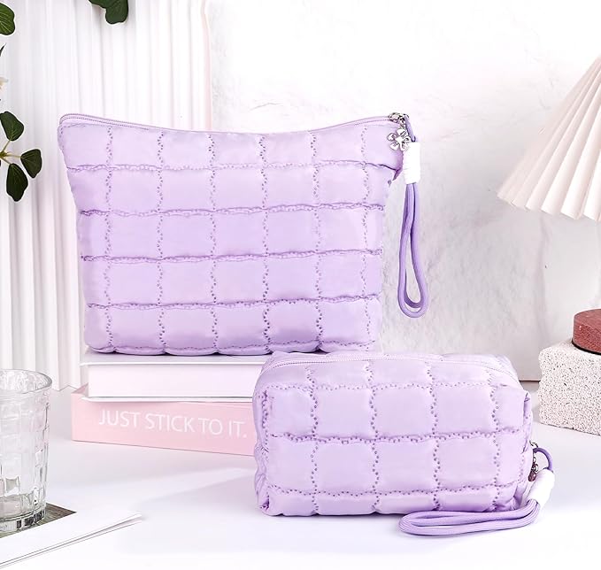 Richeart Makeup Bag Travel Toiletry Bag - Checkered Down Cotton Makeup Pouch for Women with Cosmetic and Pencil, Aesthetic Purple Design, 2 Pieces