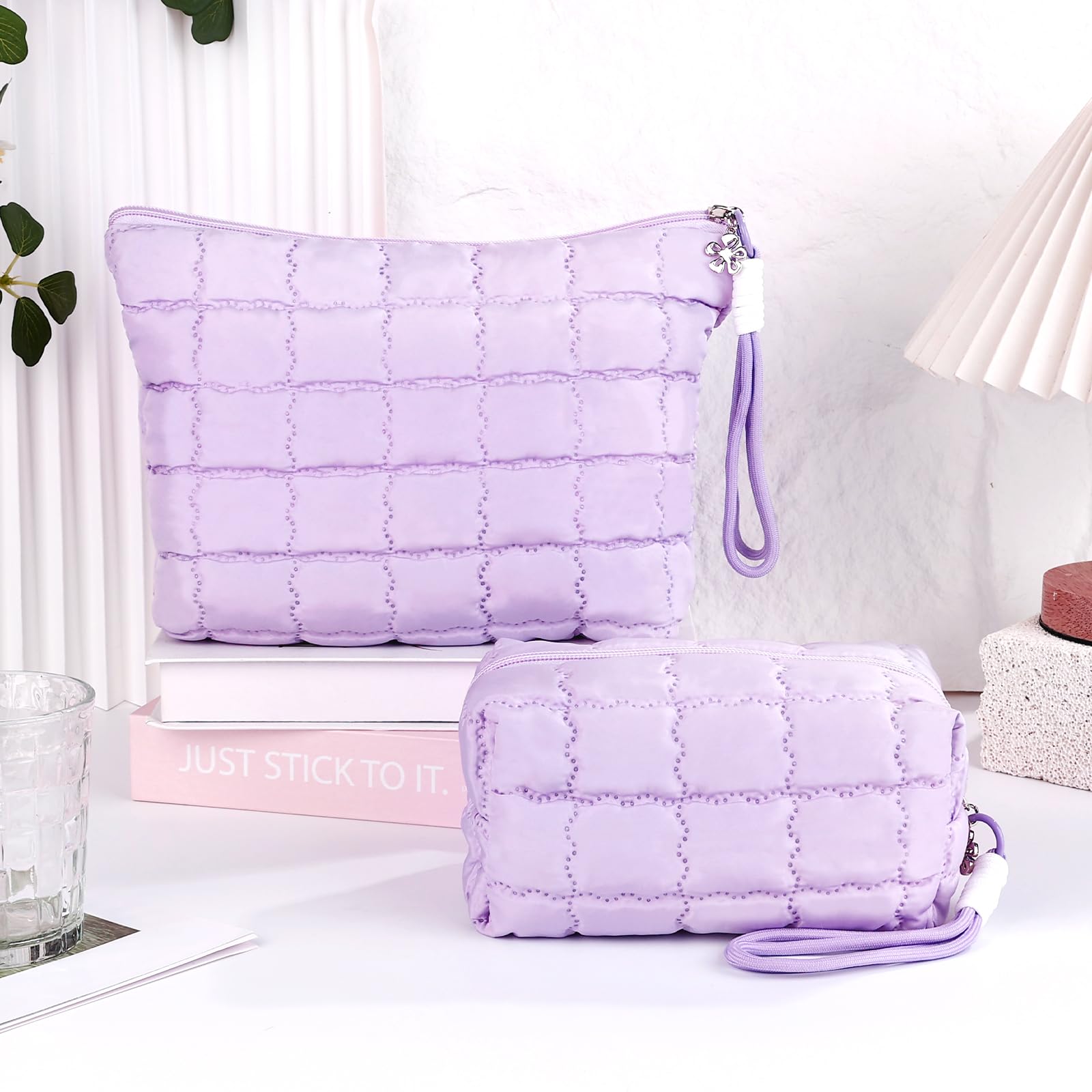 Richeart Makeup Bag Travel Toiletry Bag - Checkered Down Cotton Makeup Pouch for Women with Cosmetic and Pencil, Aesthetic Purple Design, Small