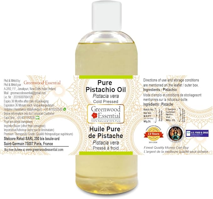 Greenwood Essential Pistachio Oil (Pistacia vera) | Cold Pressed | Natural | Undiluted | For Diluting Essential Oils | For Skin & Massage | Men & Women | 200ml (6.76 oz)