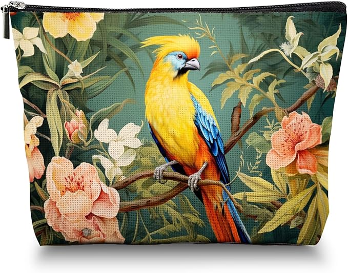 Scribesense Makeup Bag Travel Cosmetic Bags Small Makeup Case Waterproof Zipper Pouch for Women Girls 7X9inches - Colorful Bird on A Branch with Tropical Flowers