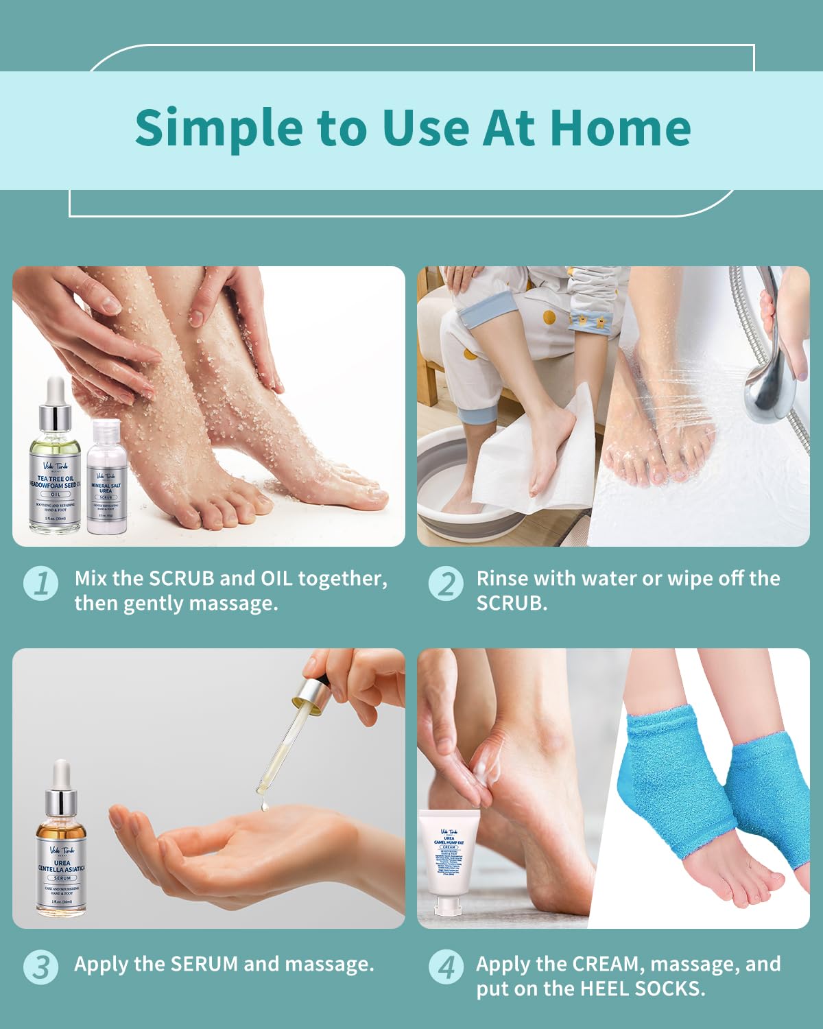 Foot Care Kit - Tea Tree Oil, Urea Cream 40%, Salt Scrub, Serum, Heel Socks