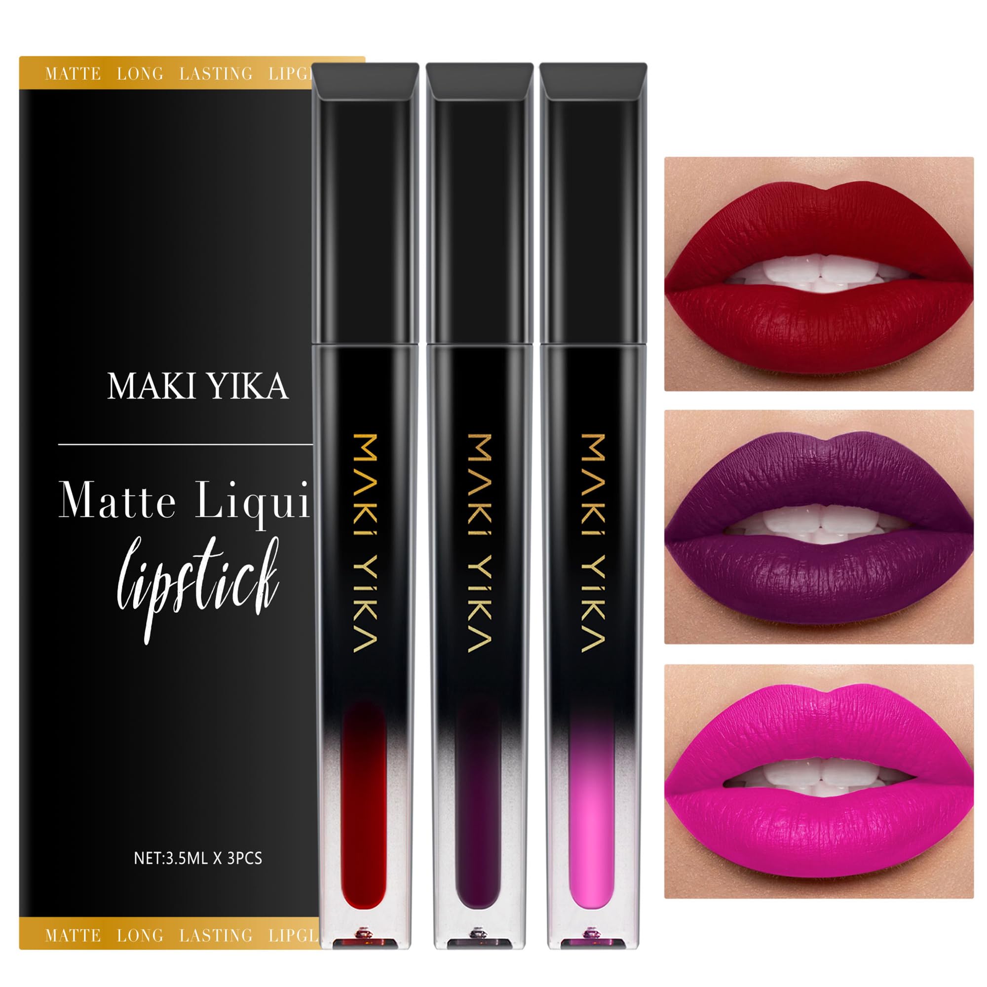 MAKI YIKA 3Pcs Matte Liquid Lipstick Set Red Purple Pink Lipstick Long Lasting
