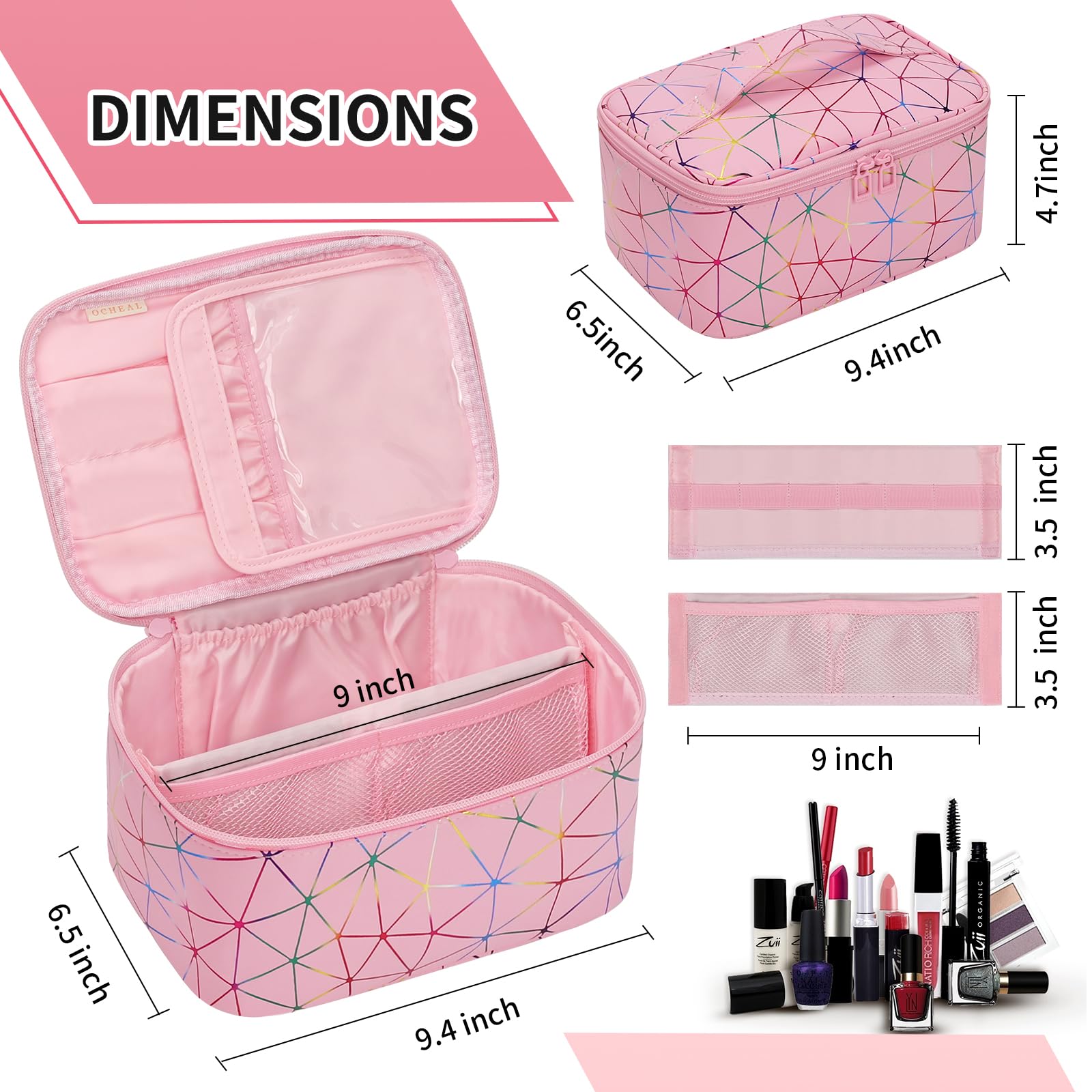 OCHEAL Makeup Bag - Portable Large Capacity Travel Cosmetic Case for Women with Handle and Divider Toiletry Organizer for Girls on the Go -Geometric Pink