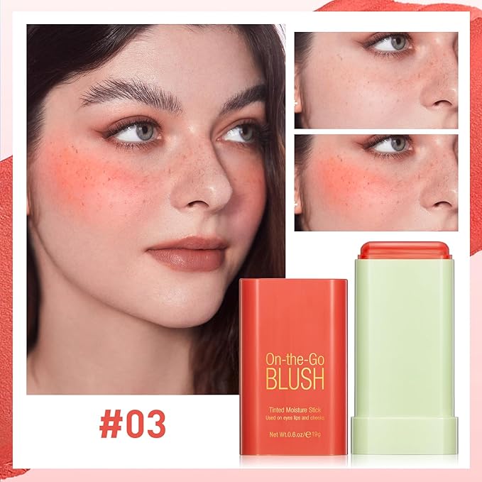 BEFIVECOK Blush Stick for Cheeks - Cream Makeup Blush Wand, Solid Moisturizer Stick for Cheeks Tint, Natural Blendable Waterproof Korean Matte Long-Lasting Smooth Blushes (#03 Coral Orange)