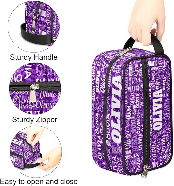 Personalized Makeup Bag with Name Toiletries Purple Glittering Sequins