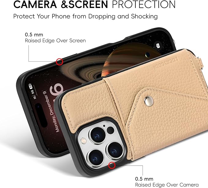 LUCKYCOIN Crossbody Phone Case for iPhone 16 Pro,100% Genuine Leather Phone Wallet Case for Women, Premium Hands-Free Phone Purse with Expandable Flip Card Holder & Adjustable Strap - Pebble Beige