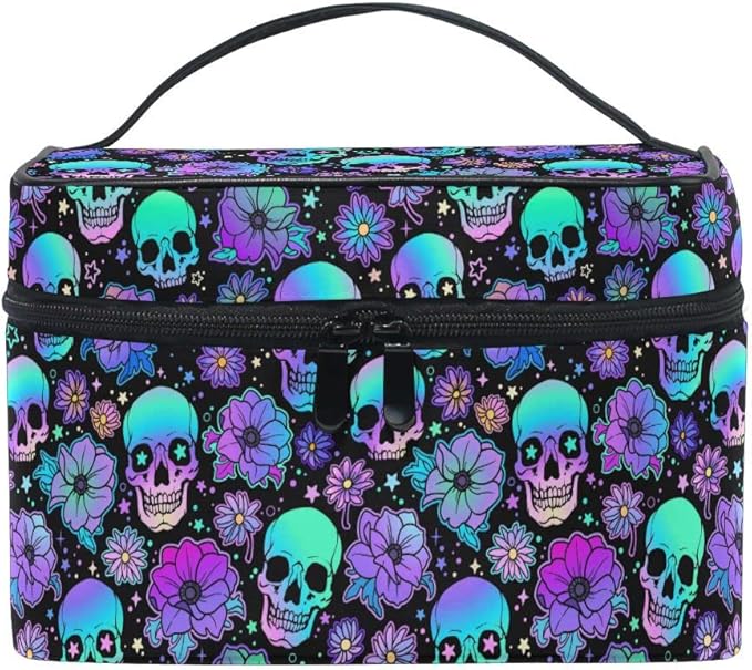 MNSRUU Goth Skull Makeup Bag, Gothic Skull Flowers Makeup Organizer Bags Toiletry Bag Box Travel Cosmetic Bag Make Up Train Case for Women Teen Girl Ladies