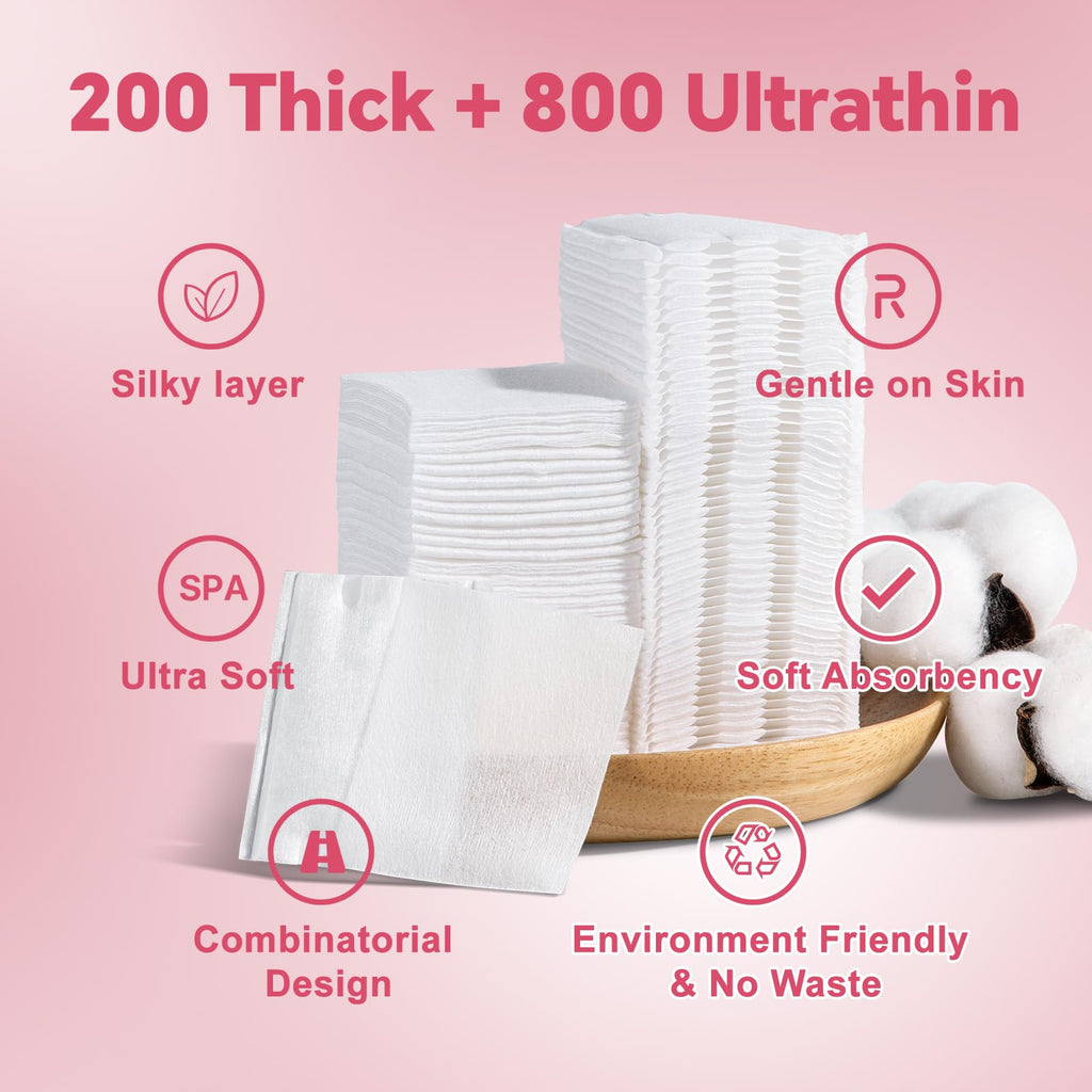 ICOTLE Square Makeup Cotton Pads, 200 Thick and 800 Ultra-Thin Soft, Lint-Free Pads for Makeup Removal, Toner Application and Daily Skincare