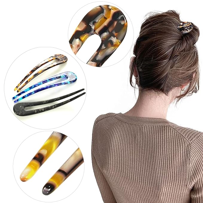 HYFEEL French Hair Forks Tortoise Shell U Shape Updo Hair Pins Clips for Thin Thick Hair, Long Classic 2 Prong Bun Hair Sticks Chignon Women Vintage Hairstyle Accessories, 3 Pack (Blue Brown Black)
