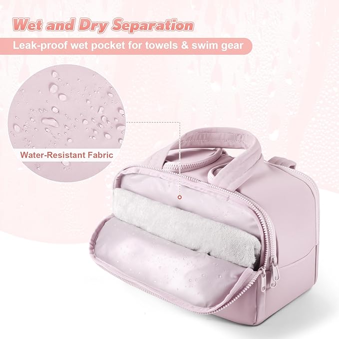 todbown Travel Toiletry Bag:  Large Capacity, 4 Compartments, Wet/Dry Separation, Ultra-Soft Lightweight Fabric & Anti-Spill Design for Travel,Gym,Gift(11.8" L) (Soft Pink)
