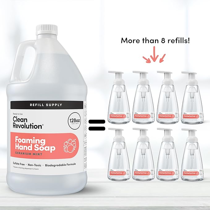Clean Revolution Foaming Hand Soap Refill with Real Essential Oils, Moisturizing Sulfate-Free Hand Soap, Ready-to-Use Foam Soap Refill for Kitchen & Bathroom (Geranium Mint) 128 Fl Oz