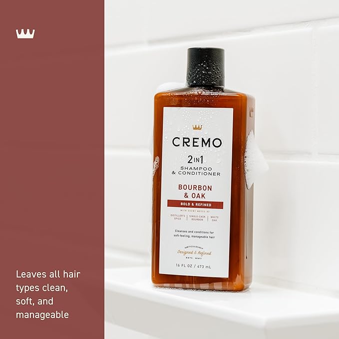 Cremo Bourbon & Oak 2-in-1 Shampoo & Conditioner, Barber Grade Quality That Moisturizes and Cleanses All Hair Types, 16 Fl Oz
