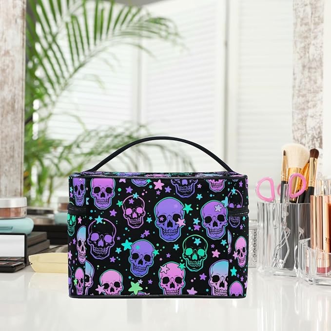 MNSRUU Makeup Bags, Stars Purple Skulls Makeup Organizer Bag Makeup Case Cosmetic Toiletry Bag for Girl Women Ladies