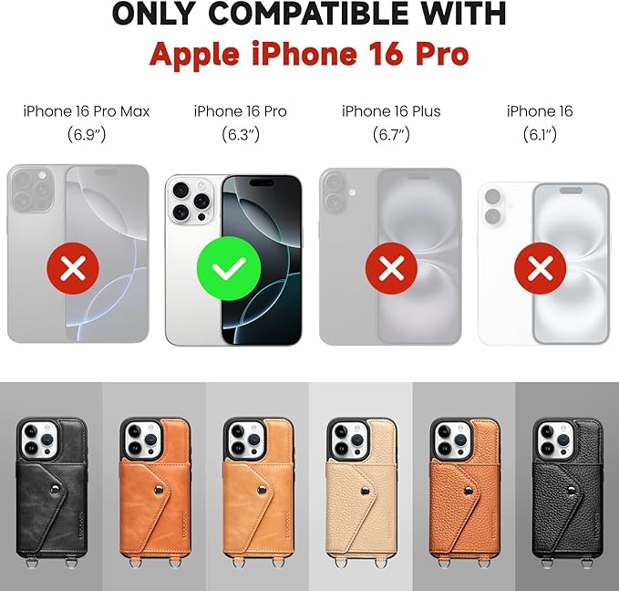 LUCKYCOIN Crossbody Phone Case for iPhone 16 Pro,100% Genuine Leather Phone Wallet Case for Women, Premium Hands-Free Phone Purse with Expandable Flip Card Holder & Adjustable Strap - Retro Black
