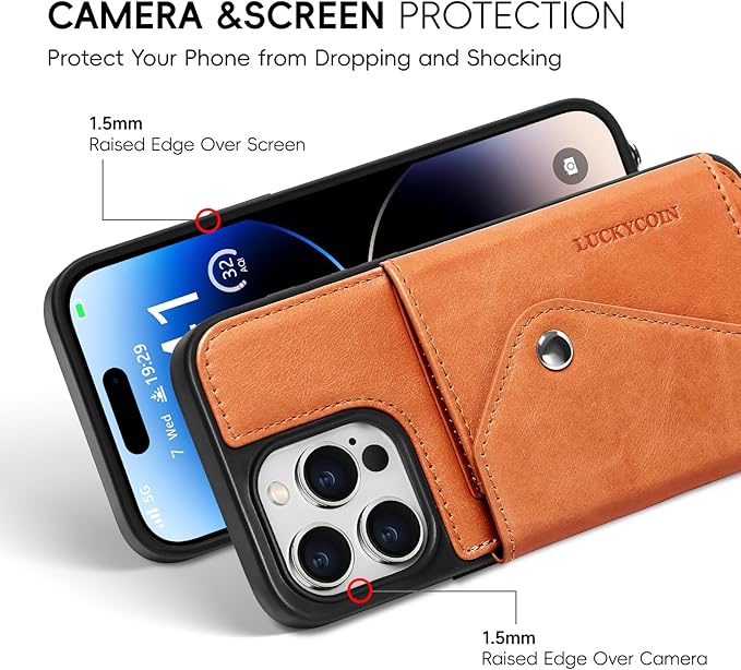 LUCKYCOIN Crossbody Phone Case for iPhone 14 Pro Max, 100% Genuine Leather Phone Wallet Case for Women, Premium Hands-Free Phone Purse with Expandable Flip Card Holder & Adjustable Strap - Retro Brown