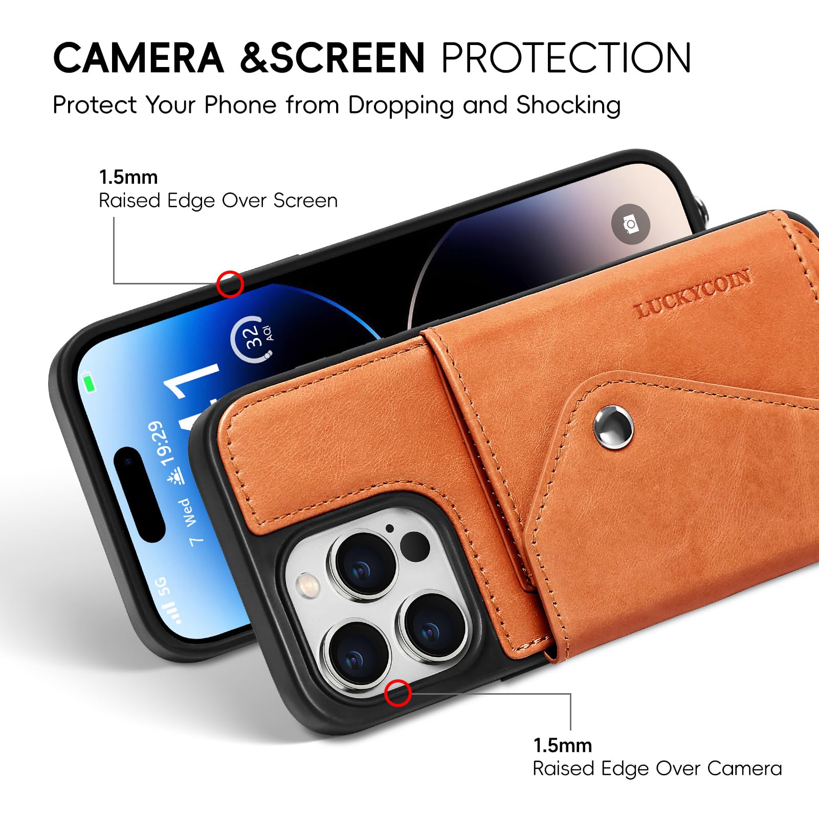 LUCKYCOIN Crossbody Phone Case for iPhone 14 Pro Max, 100% Genuine Leather Phone Wallet Case for Women, Premium Hands-Free Phone Purse with Expandable Flip Card Holder & Adjustable Strap - Retro Brown